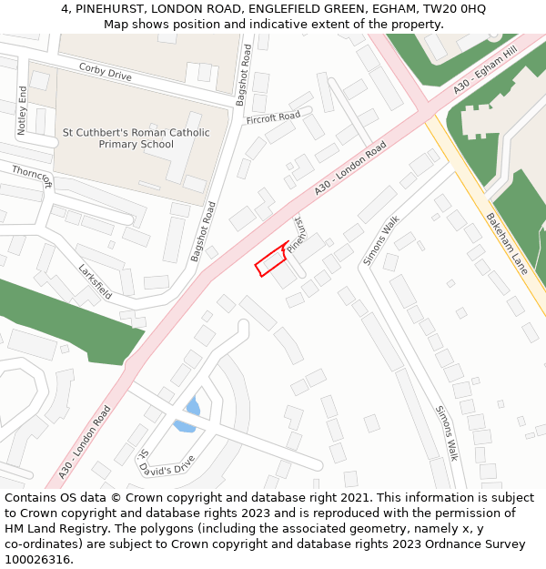 4, PINEHURST, LONDON ROAD, ENGLEFIELD GREEN, EGHAM, TW20 0HQ: Location map and indicative extent of plot