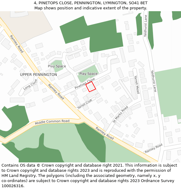 4, PINETOPS CLOSE, PENNINGTON, LYMINGTON, SO41 8ET: Location map and indicative extent of plot