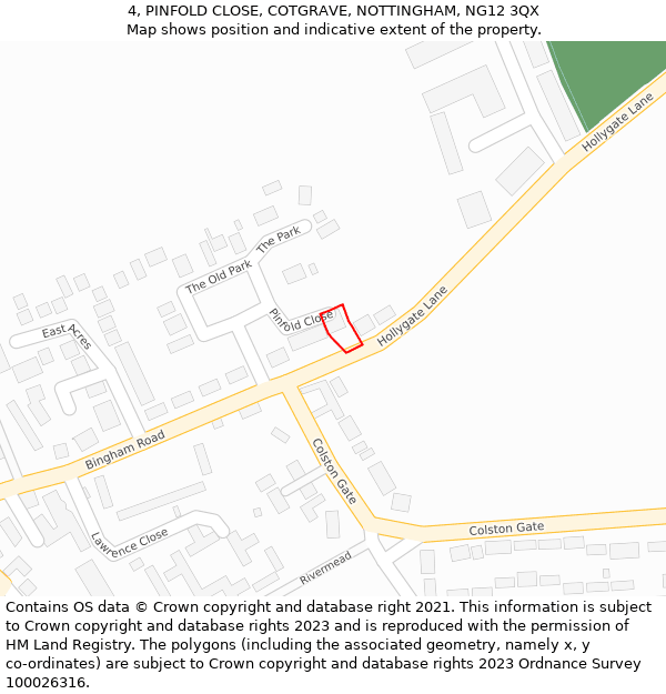 4, PINFOLD CLOSE, COTGRAVE, NOTTINGHAM, NG12 3QX: Location map and indicative extent of plot