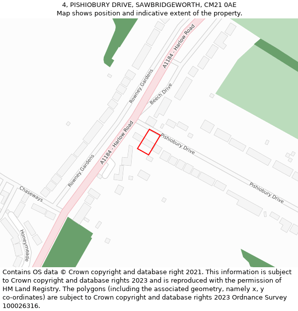 4, PISHIOBURY DRIVE, SAWBRIDGEWORTH, CM21 0AE: Location map and indicative extent of plot