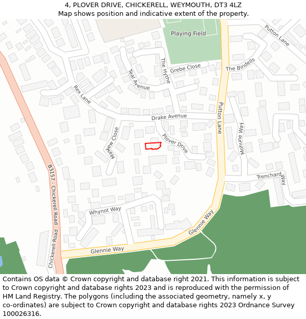 4, PLOVER DRIVE, CHICKERELL, WEYMOUTH, DT3 4LZ: Location map and indicative extent of plot