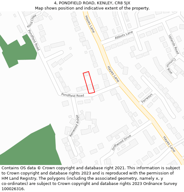 4, PONDFIELD ROAD, KENLEY, CR8 5JX: Location map and indicative extent of plot