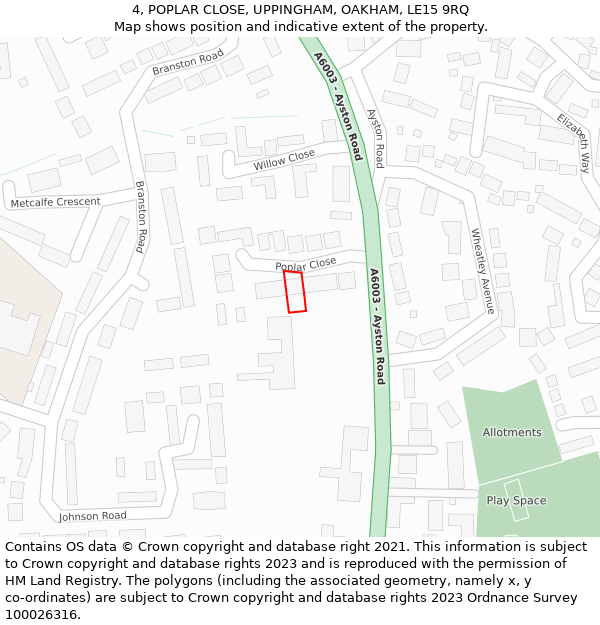 4, POPLAR CLOSE, UPPINGHAM, OAKHAM, LE15 9RQ: Location map and indicative extent of plot