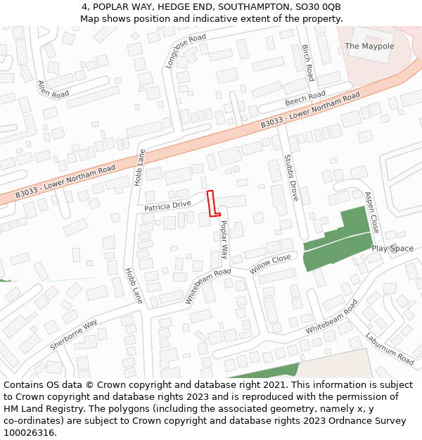 4, POPLAR WAY, HEDGE END, SOUTHAMPTON, SO30 0QB: Location map and indicative extent of plot