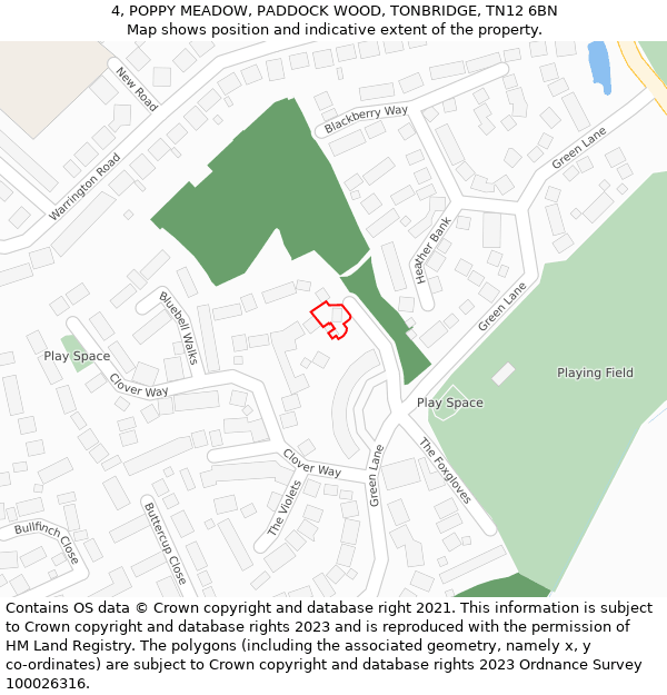 4, POPPY MEADOW, PADDOCK WOOD, TONBRIDGE, TN12 6BN: Location map and indicative extent of plot