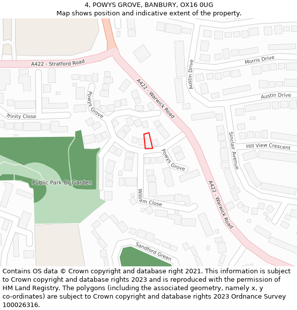 4, POWYS GROVE, BANBURY, OX16 0UG: Location map and indicative extent of plot