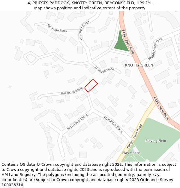 4, PRIESTS PADDOCK, KNOTTY GREEN, BEACONSFIELD, HP9 1YL: Location map and indicative extent of plot