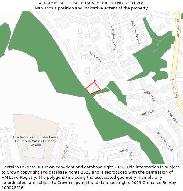 4, PRIMROSE CLOSE, BRACKLA, BRIDGEND, CF31 2BS: Location map and indicative extent of plot