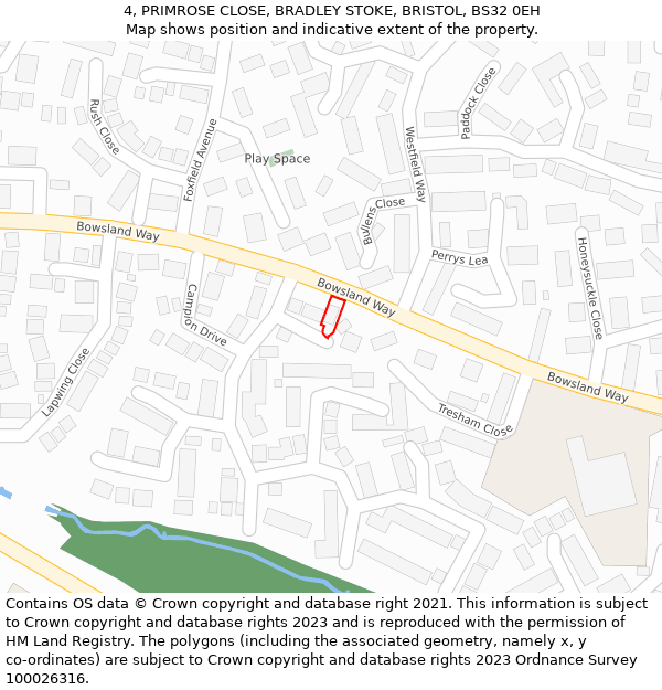 4, PRIMROSE CLOSE, BRADLEY STOKE, BRISTOL, BS32 0EH: Location map and indicative extent of plot