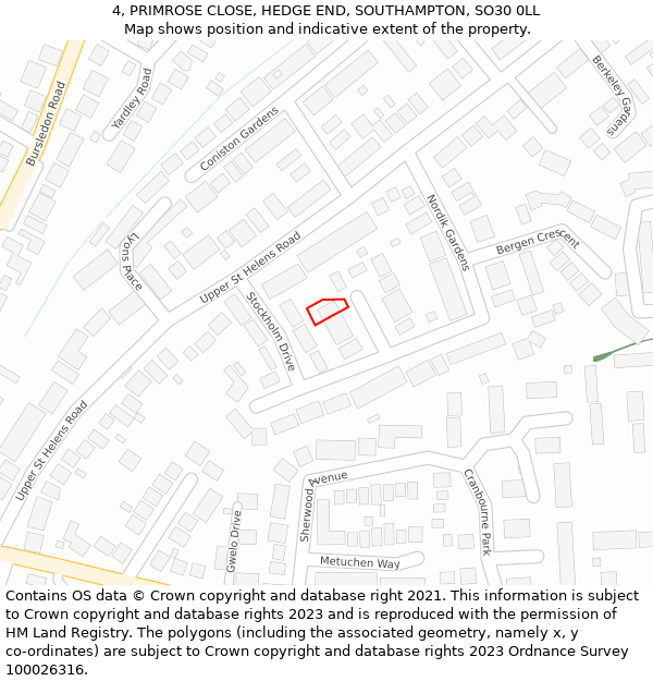 4, PRIMROSE CLOSE, HEDGE END, SOUTHAMPTON, SO30 0LL: Location map and indicative extent of plot