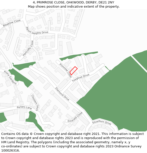 4, PRIMROSE CLOSE, OAKWOOD, DERBY, DE21 2NY: Location map and indicative extent of plot