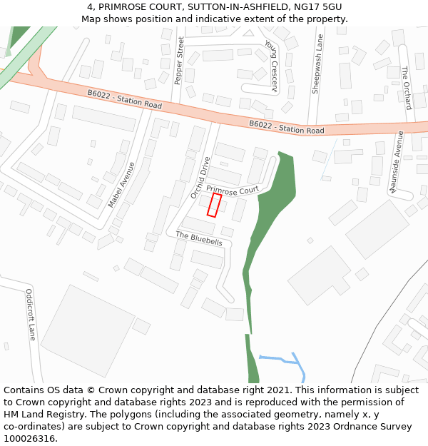 4, PRIMROSE COURT, SUTTON-IN-ASHFIELD, NG17 5GU: Location map and indicative extent of plot