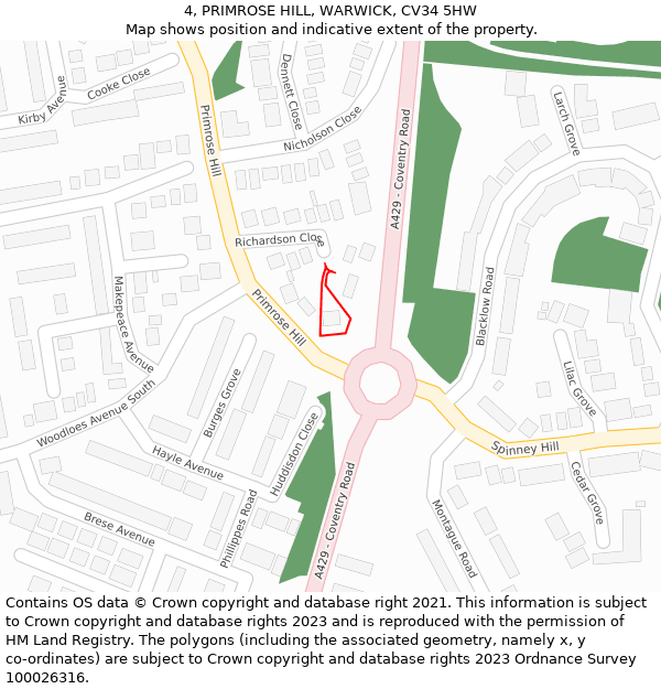 4, PRIMROSE HILL, WARWICK, CV34 5HW: Location map and indicative extent of plot