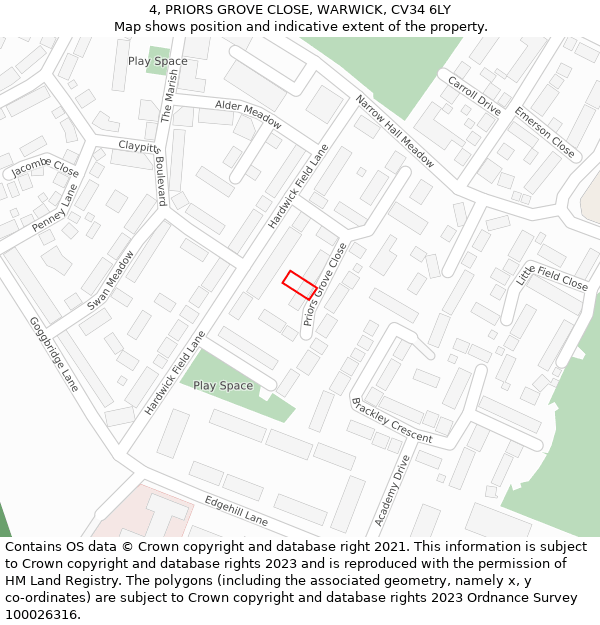 4, PRIORS GROVE CLOSE, WARWICK, CV34 6LY: Location map and indicative extent of plot