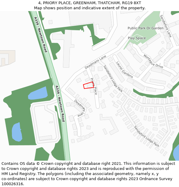 4, PRIORY PLACE, GREENHAM, THATCHAM, RG19 8XT: Location map and indicative extent of plot