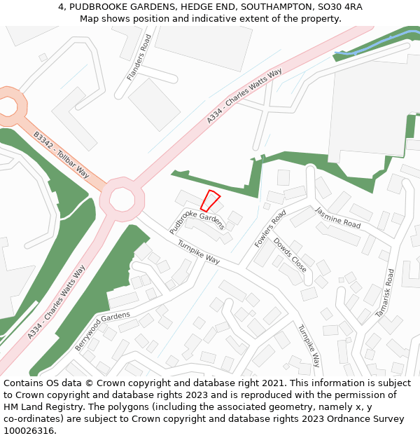 4, PUDBROOKE GARDENS, HEDGE END, SOUTHAMPTON, SO30 4RA: Location map and indicative extent of plot