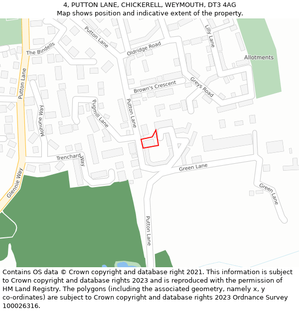 4, PUTTON LANE, CHICKERELL, WEYMOUTH, DT3 4AG: Location map and indicative extent of plot