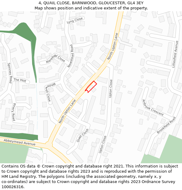 4, QUAIL CLOSE, BARNWOOD, GLOUCESTER, GL4 3EY: Location map and indicative extent of plot