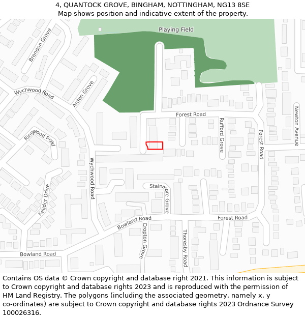 4, QUANTOCK GROVE, BINGHAM, NOTTINGHAM, NG13 8SE: Location map and indicative extent of plot