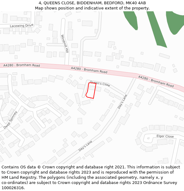 4, QUEENS CLOSE, BIDDENHAM, BEDFORD, MK40 4AB: Location map and indicative extent of plot