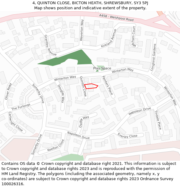 4, QUINTON CLOSE, BICTON HEATH, SHREWSBURY, SY3 5PJ: Location map and indicative extent of plot