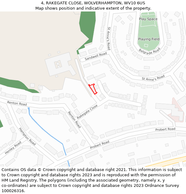 4, RAKEGATE CLOSE, WOLVERHAMPTON, WV10 6US: Location map and indicative extent of plot