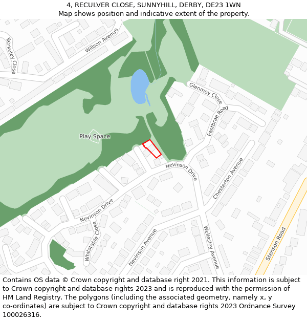 4, RECULVER CLOSE, SUNNYHILL, DERBY, DE23 1WN: Location map and indicative extent of plot