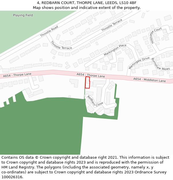 4, REDBARN COURT, THORPE LANE, LEEDS, LS10 4BF: Location map and indicative extent of plot