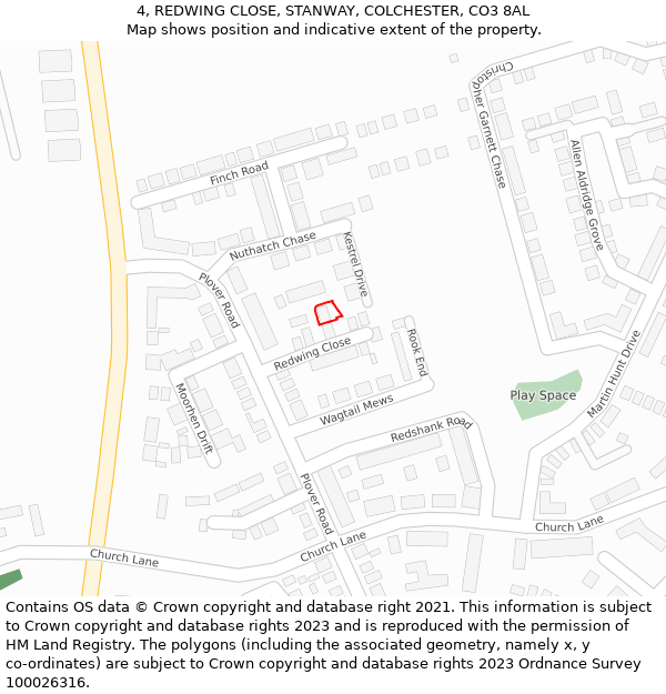 4, REDWING CLOSE, STANWAY, COLCHESTER, CO3 8AL: Location map and indicative extent of plot