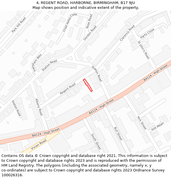 4, REGENT ROAD, HARBORNE, BIRMINGHAM, B17 9JU: Location map and indicative extent of plot