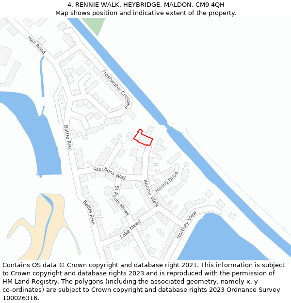 4, RENNIE WALK, HEYBRIDGE, MALDON, CM9 4QH: Location map and indicative extent of plot