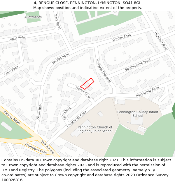 4, RENOUF CLOSE, PENNINGTON, LYMINGTON, SO41 8GL: Location map and indicative extent of plot