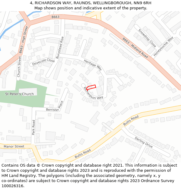 4, RICHARDSON WAY, RAUNDS, WELLINGBOROUGH, NN9 6RH: Location map and indicative extent of plot