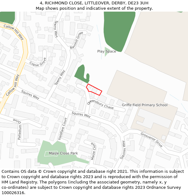 4, RICHMOND CLOSE, LITTLEOVER, DERBY, DE23 3UH: Location map and indicative extent of plot