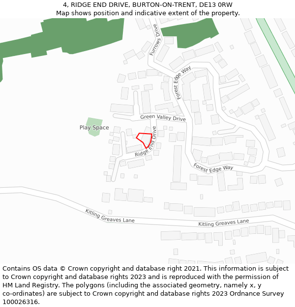 4, RIDGE END DRIVE, BURTON-ON-TRENT, DE13 0RW: Location map and indicative extent of plot