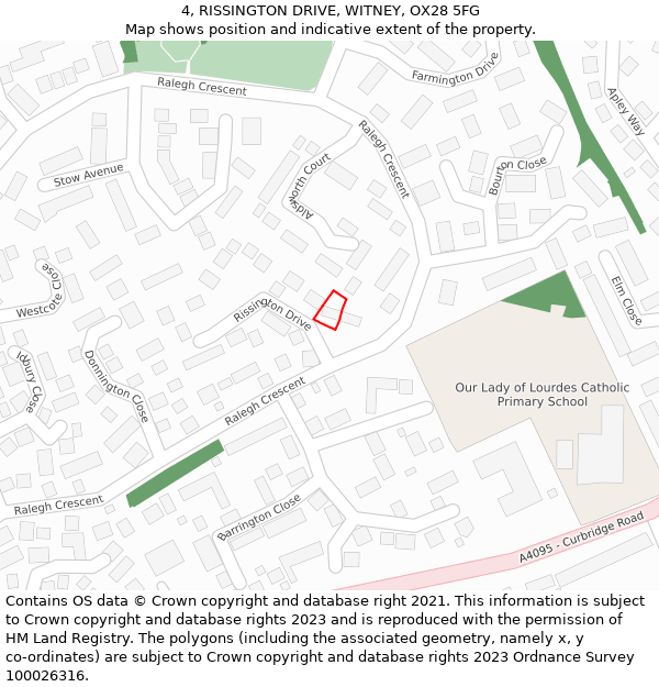 4, RISSINGTON DRIVE, WITNEY, OX28 5FG: Location map and indicative extent of plot