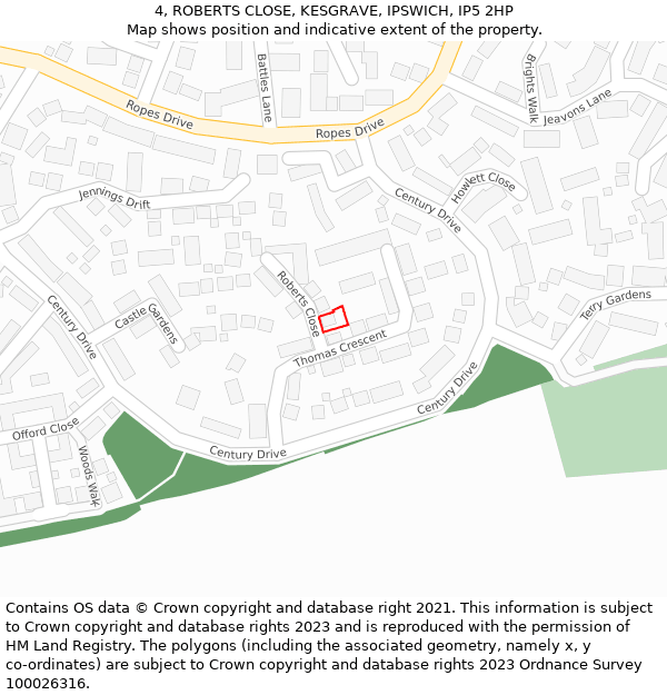 4, ROBERTS CLOSE, KESGRAVE, IPSWICH, IP5 2HP: Location map and indicative extent of plot