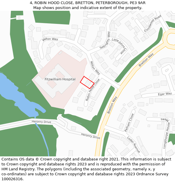 4, ROBIN HOOD CLOSE, BRETTON, PETERBOROUGH, PE3 9AR: Location map and indicative extent of plot