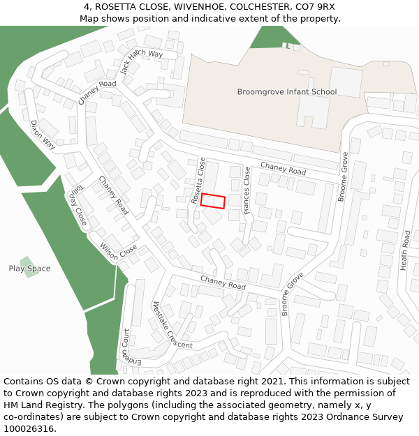 4, ROSETTA CLOSE, WIVENHOE, COLCHESTER, CO7 9RX: Location map and indicative extent of plot