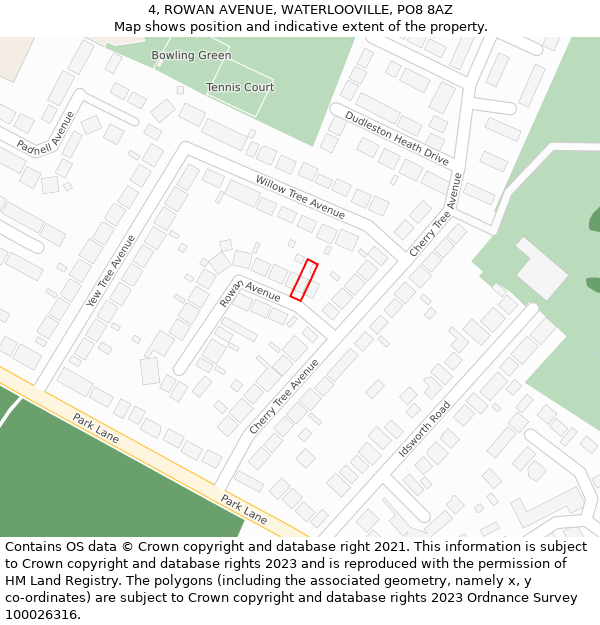 4, ROWAN AVENUE, WATERLOOVILLE, PO8 8AZ: Location map and indicative extent of plot