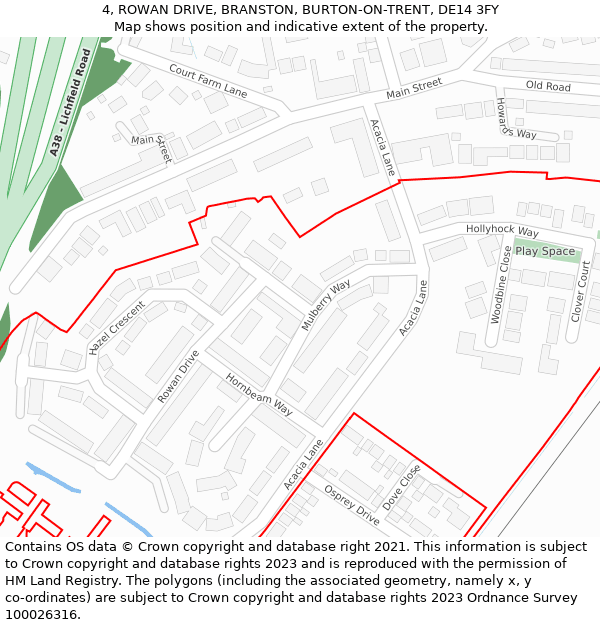 4, ROWAN DRIVE, BRANSTON, BURTON-ON-TRENT, DE14 3FY: Location map and indicative extent of plot