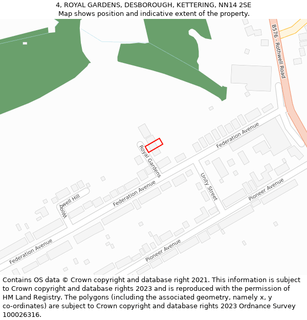 4, ROYAL GARDENS, DESBOROUGH, KETTERING, NN14 2SE: Location map and indicative extent of plot