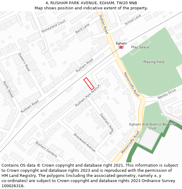 4, RUSHAM PARK AVENUE, EGHAM, TW20 9NB: Location map and indicative extent of plot