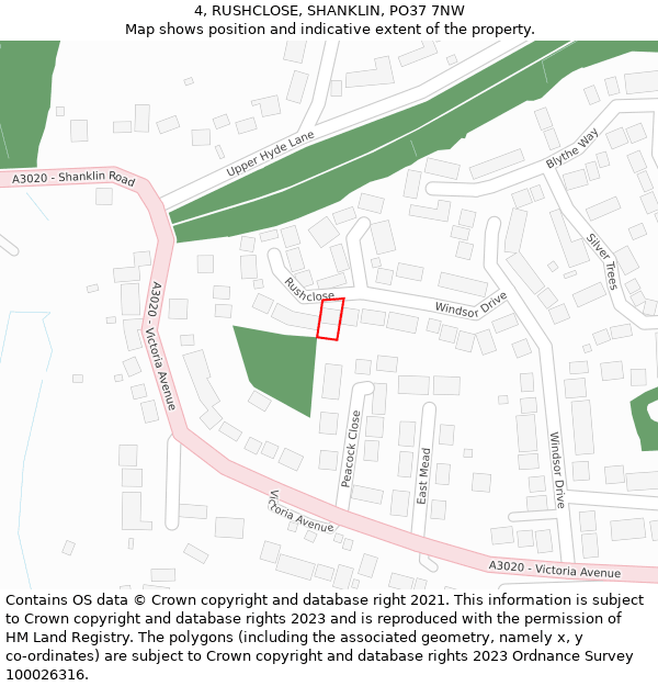 4, RUSHCLOSE, SHANKLIN, PO37 7NW: Location map and indicative extent of plot