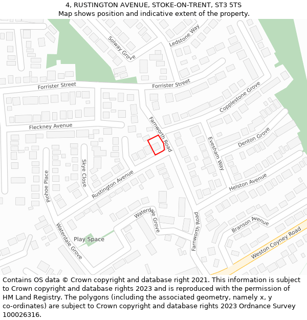 4, RUSTINGTON AVENUE, STOKE-ON-TRENT, ST3 5TS: Location map and indicative extent of plot