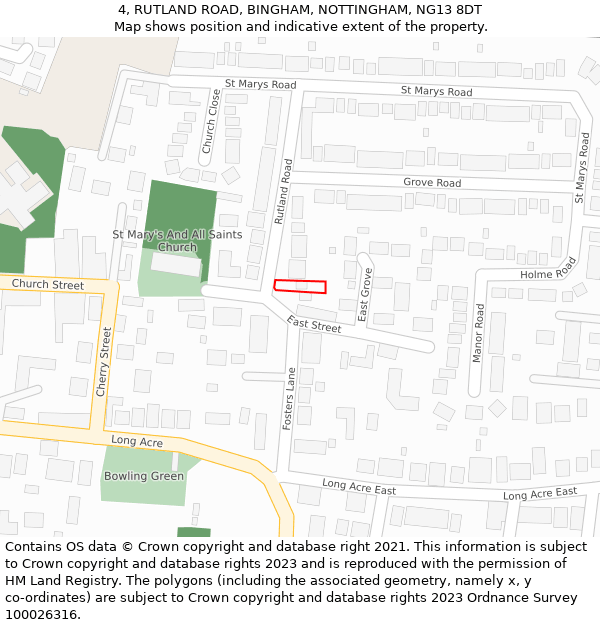 4, RUTLAND ROAD, BINGHAM, NOTTINGHAM, NG13 8DT: Location map and indicative extent of plot