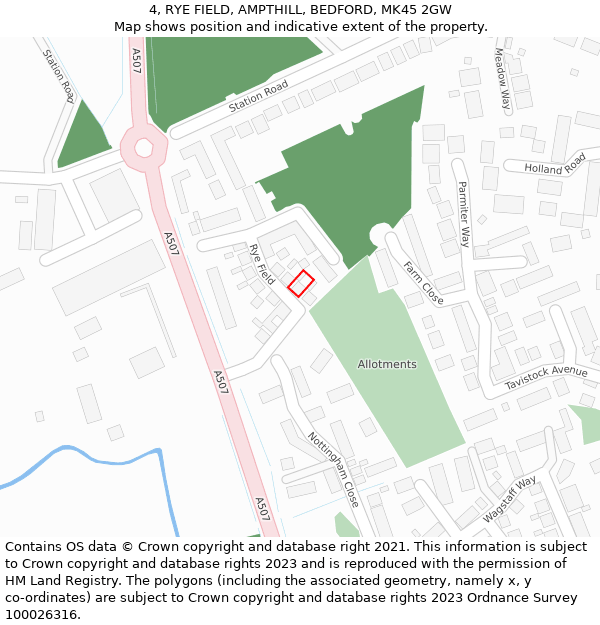 4, RYE FIELD, AMPTHILL, BEDFORD, MK45 2GW: Location map and indicative extent of plot