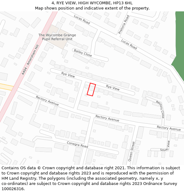 4, RYE VIEW, HIGH WYCOMBE, HP13 6HL: Location map and indicative extent of plot