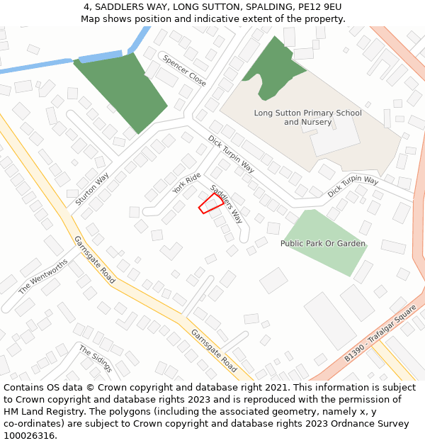 4, SADDLERS WAY, LONG SUTTON, SPALDING, PE12 9EU: Location map and indicative extent of plot