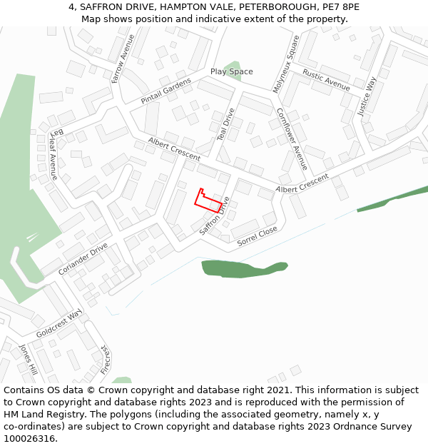 4, SAFFRON DRIVE, HAMPTON VALE, PETERBOROUGH, PE7 8PE: Location map and indicative extent of plot